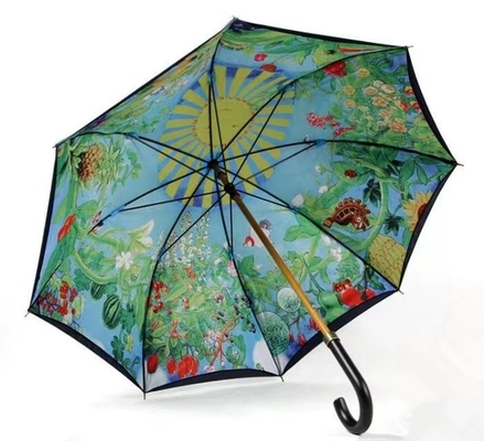Style de conception minimaliste Double parapluie imprimé avec arbre en bois et poignée de crochet