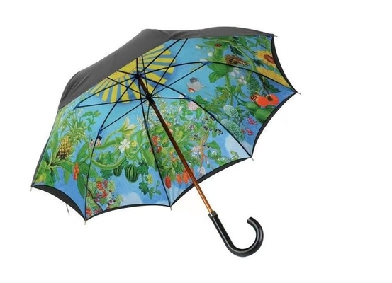 Style de conception minimaliste Double parapluie imprimé avec arbre en bois et poignée de crochet