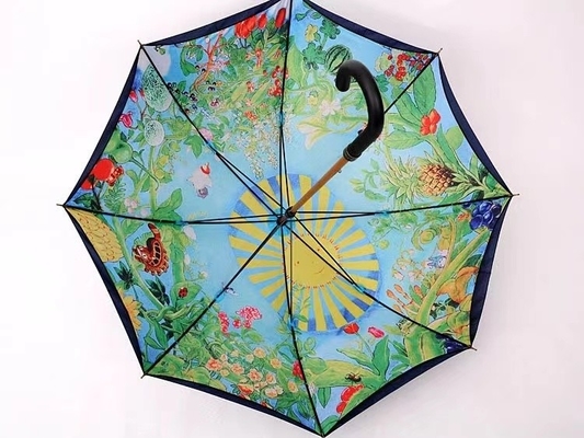 Style de conception minimaliste Double parapluie imprimé avec arbre en bois et poignée de crochet