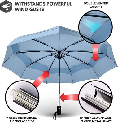 Parapluie UV noir revêtu de 190T Pongee à double canopée pour la pluie et le vent