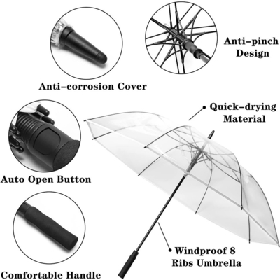Cadre métallique parapluie automatique à poignée longue POE pour une couverture de pluie claire et transparente