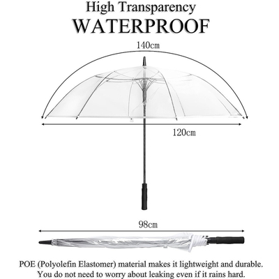 Cadre métallique parapluie automatique à poignée longue POE pour une couverture de pluie claire et transparente