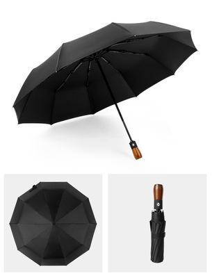 Les côtes en fibre de verre 23 pouces 12K 210T Pongee parapluie auto avec poignée en bois UV noir