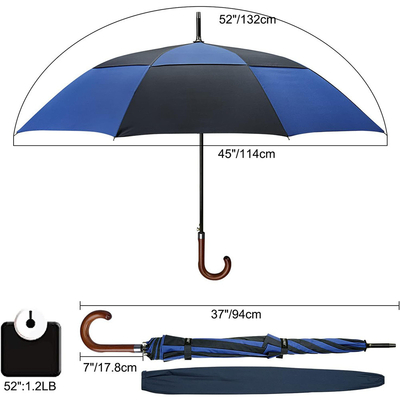 Parapluie en fibre de verre de diamètre ouvert de 132 cm avec poignée courbée en bois personnalisée