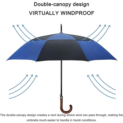 Parapluie en fibre de verre de diamètre ouvert de 132 cm avec poignée courbée en bois personnalisée