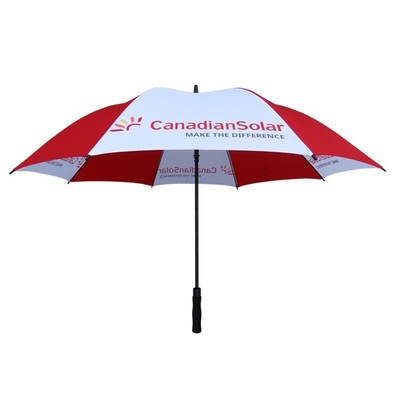 8 nervures en fibre de verre résistant au vent parapluie de golf rouge et blanc avec impression de logo personnalisé