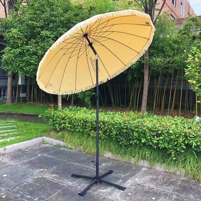 16K Vintage Boho Poteaux en bois toile Frange jaune Soleil extérieur Parasoles de plage Parapluie avec tasselles