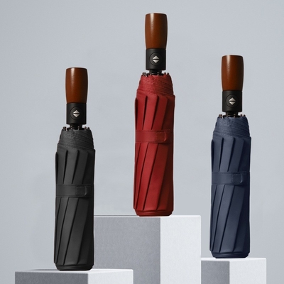3 parapluie d'entreprise pliante automatique avec logo personnalisé imprimé et poignée en bois